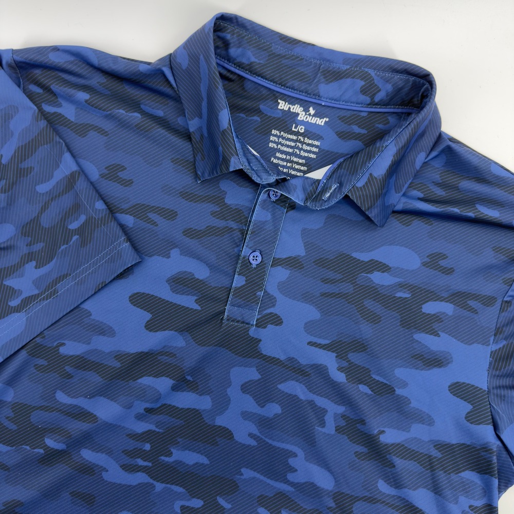 Birdie Bound Mens Blue Camo Golf Polo Shirt Size Large Short Sleeve Stretch